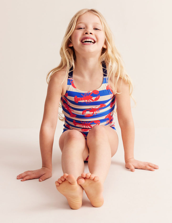 Cross-back Printed Swimsuit-Pink Lobster