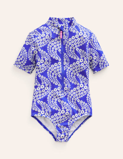 Maillot de bain à manches courtes-Vague pâquerette bleu éblouissant-1