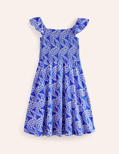 Robe froncée en jersey-Vague pâquerette bleu grec-2