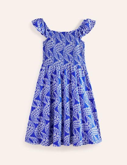 Robe froncée en jersey-Vague pâquerette bleu grec-3