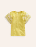 T-shirt à broderie anglaise-Jaune zeste/blanc