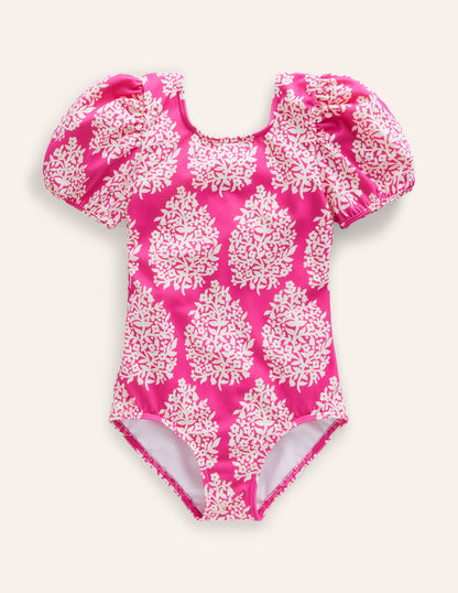 Maillot de bain imprimé à manches bouffantes-Petit motif Flower Stamp rose-3