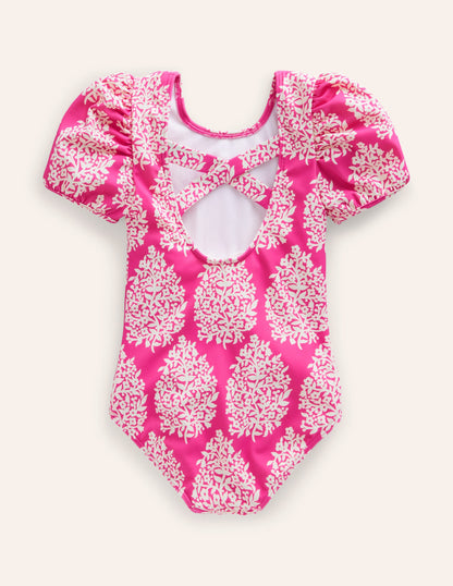 Maillot de bain imprimé à manches bouffantes-Petit motif Flower Stamp rose-4