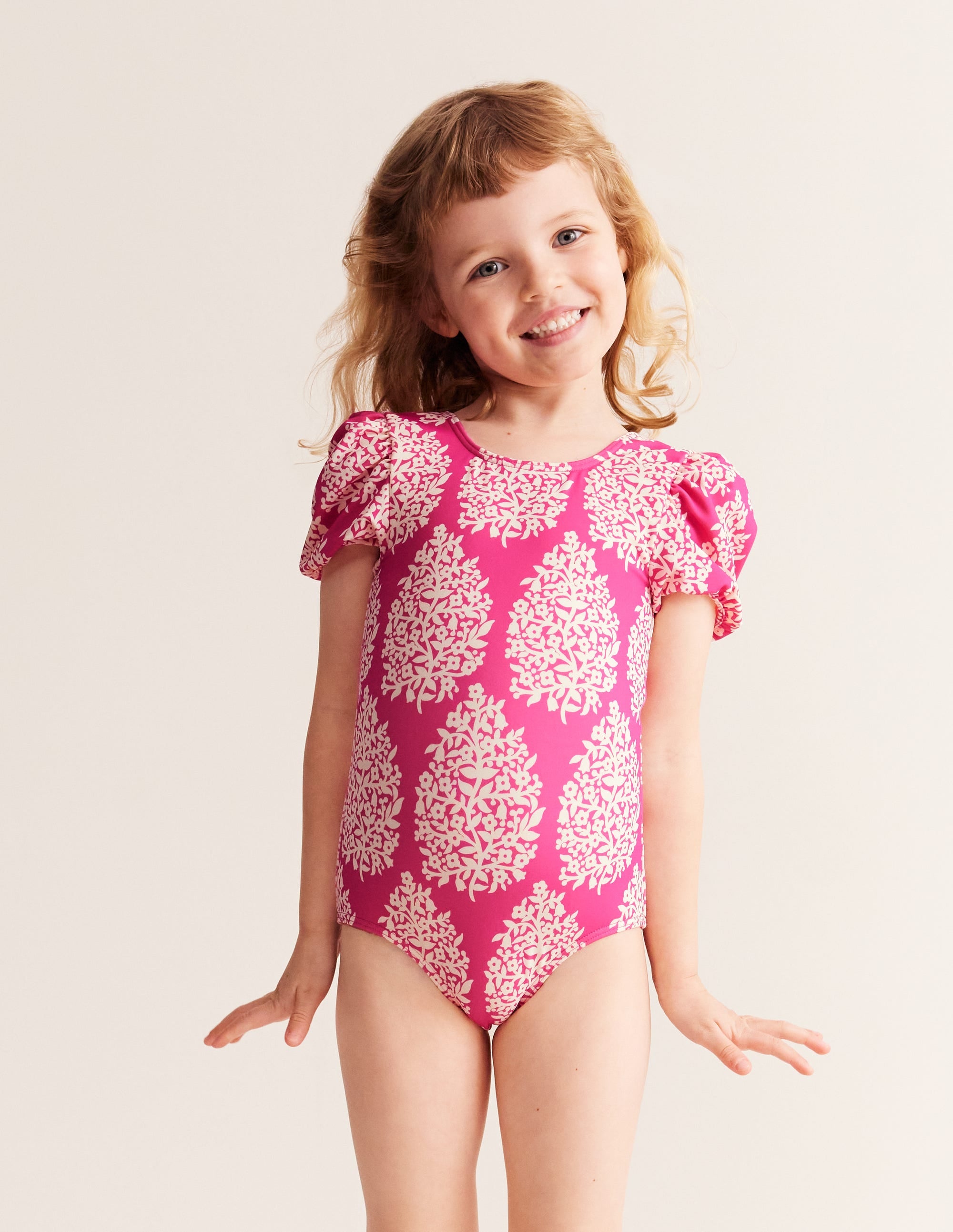Maillot de bain imprimé à manches bouffantes-Petit motif Flower Stamp rose - Image 1