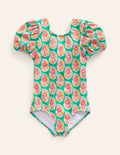 Printed Puff-sleeved Swimsuit-Jade Green Paisley