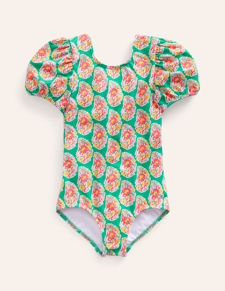 Printed Puff-sleeved Swimsuit-Jade Green Paisley