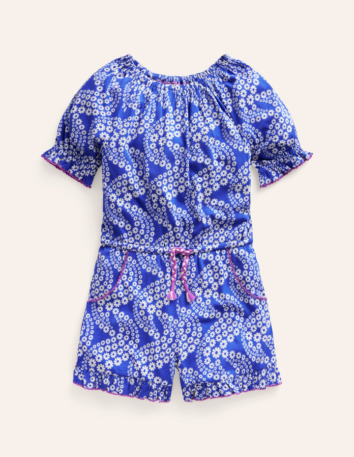 Printed Jersey Playsuit-Greek Blue Daisy Wave