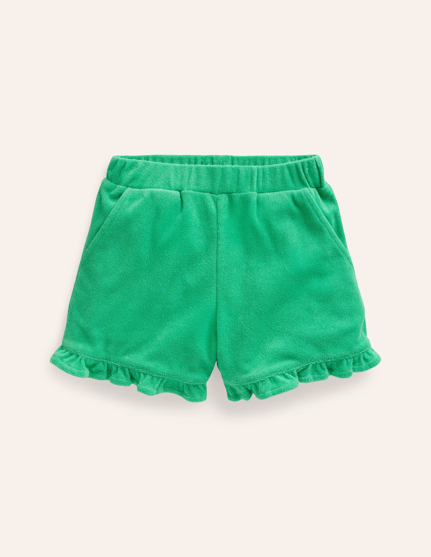 Frottee-Shorts mit Rüschensaum-Erbsengrün