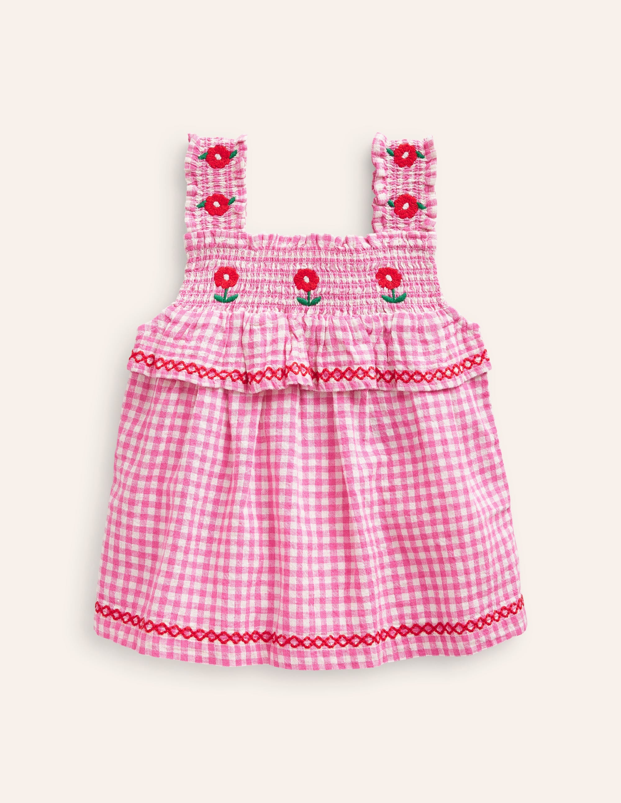 Top froncé et brodé-Vichy rose - Image 1