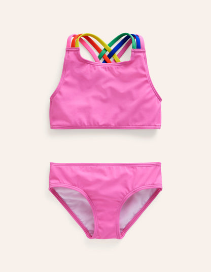 Bikini mit gekreuzten Rückenträgern in Regenbogenfarben-Erdbeermilchshake-Rosa