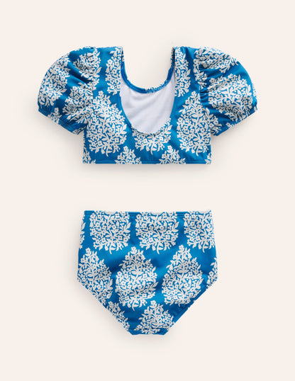 Bikini mit Puffärmeln-Cabana-Blau Kleines Blumenmuster