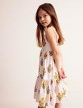 Robe d'été virevoltante à volants-Motif floral xylographique rose