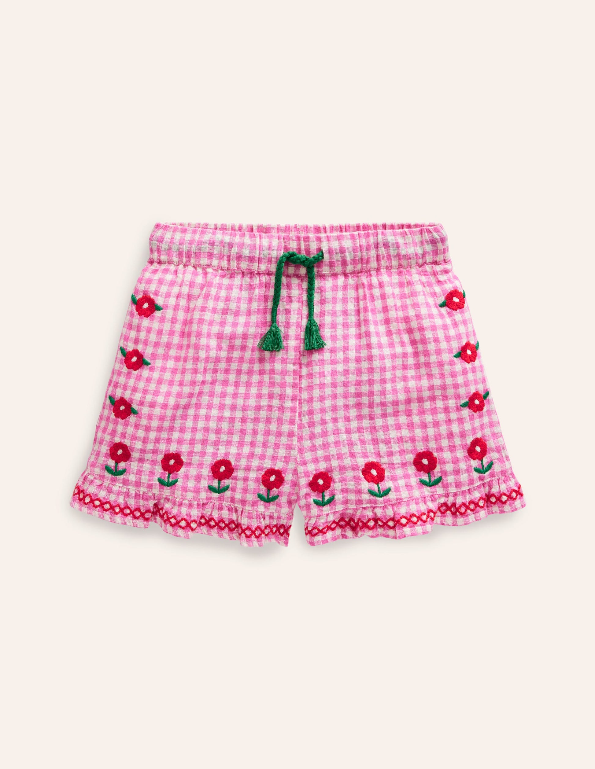 Gewebte Shorts mit Rüschensaum-Rosa/Naturweiß Vichykaro-1