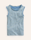 Débardeur en pointelle-Motif floral bleu vintage