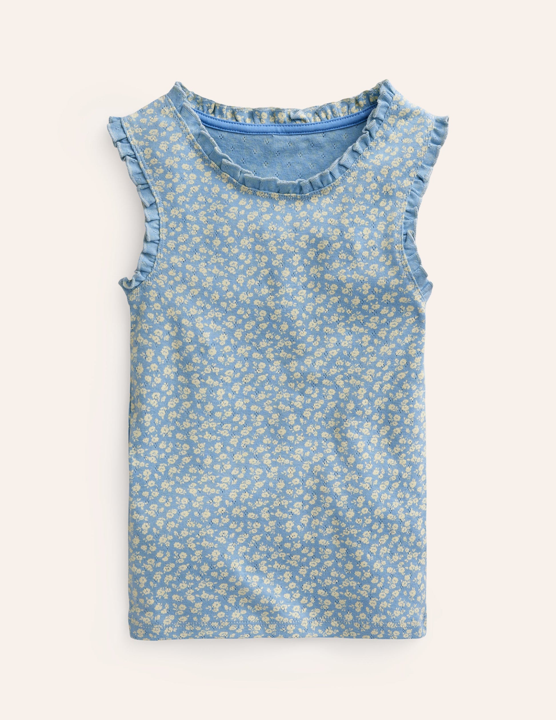Débardeur en pointelle-Motif floral bleu vintage-1