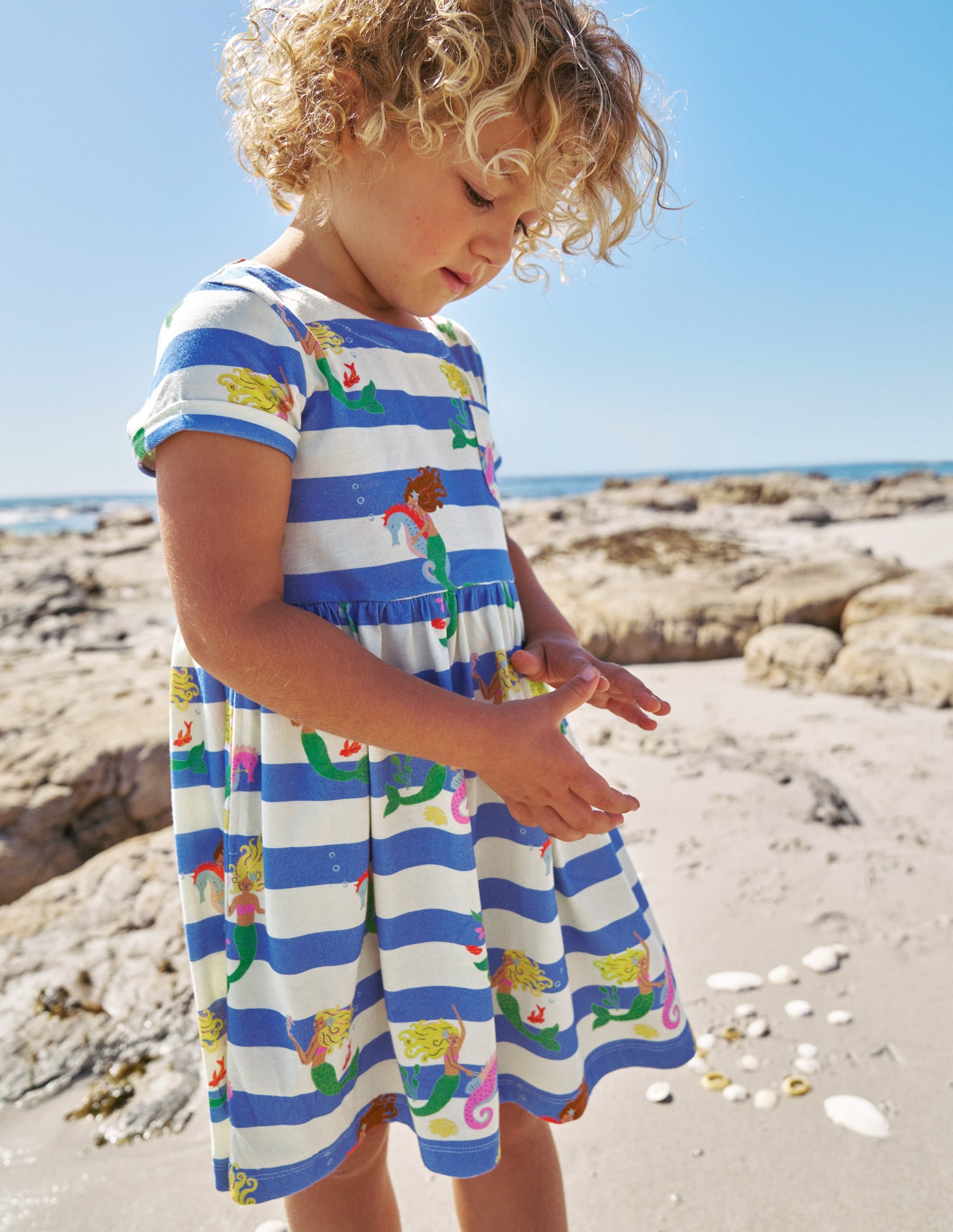 Short-sleeved Fun Jersey Dress-Surf Blue Mermaid Stripe - Image 4
