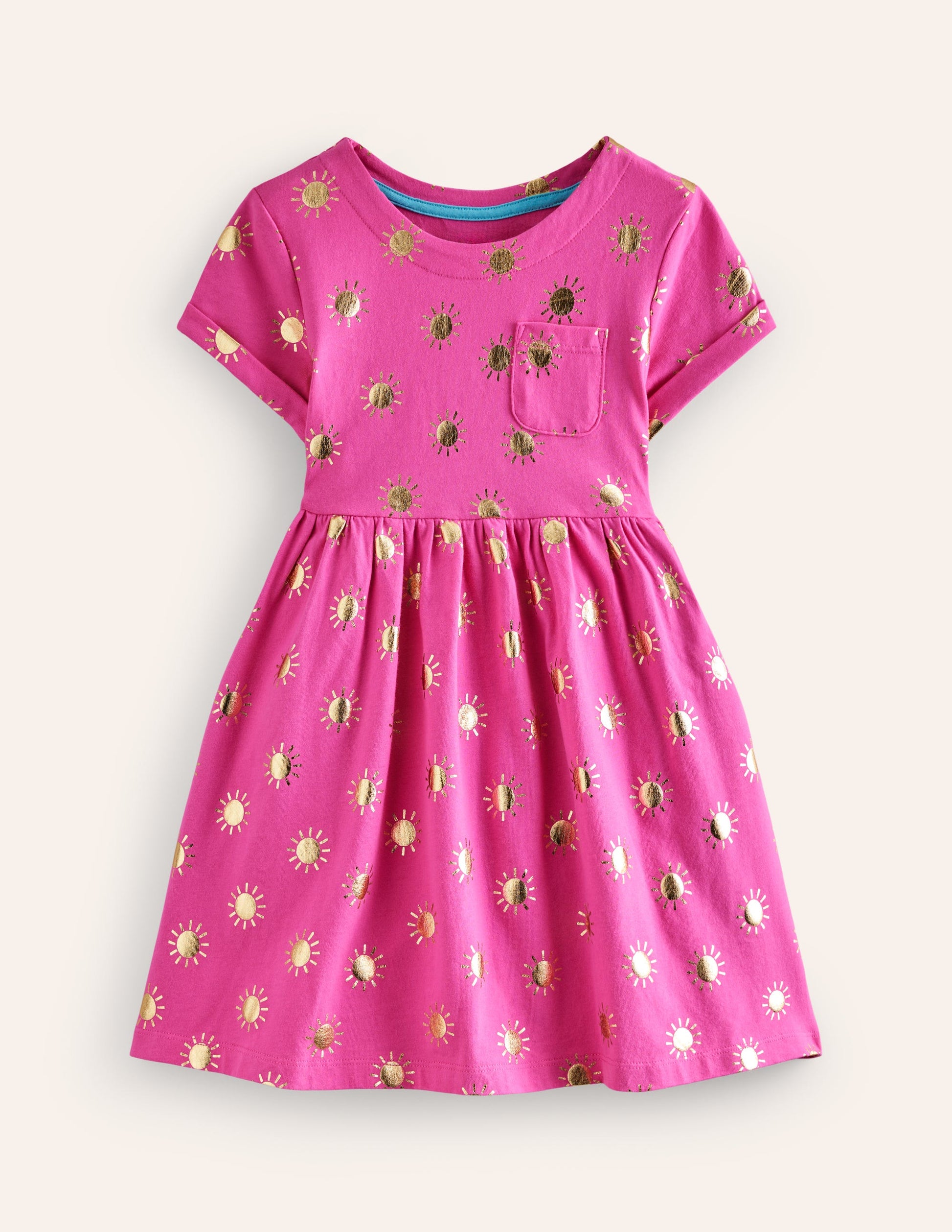 Lustiges Jerseykleid mit kurzen Ärmeln-Prickelndes Pink/goldene Sonnen-1