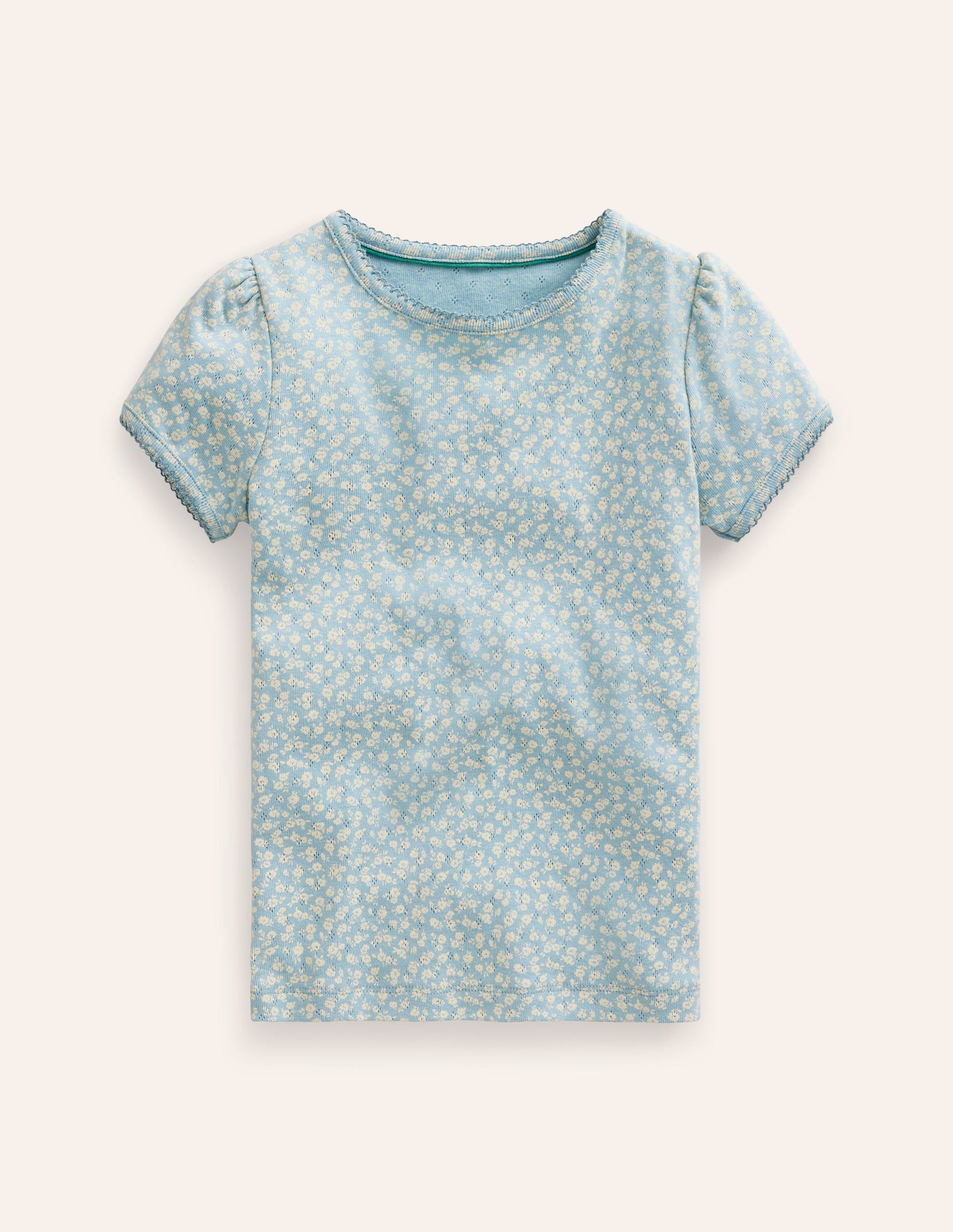 Kurzärmeliges Pointelle-Oberteil-Vintage Blau Floral-1