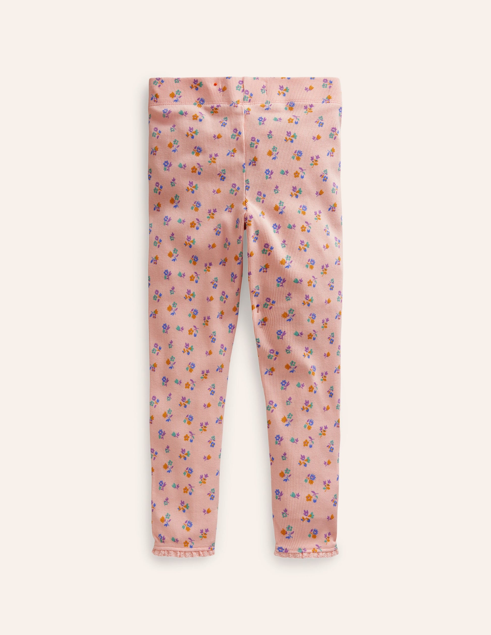 Legging côtelé bordé de dentelle-Motif floral rose Provence poudré-2