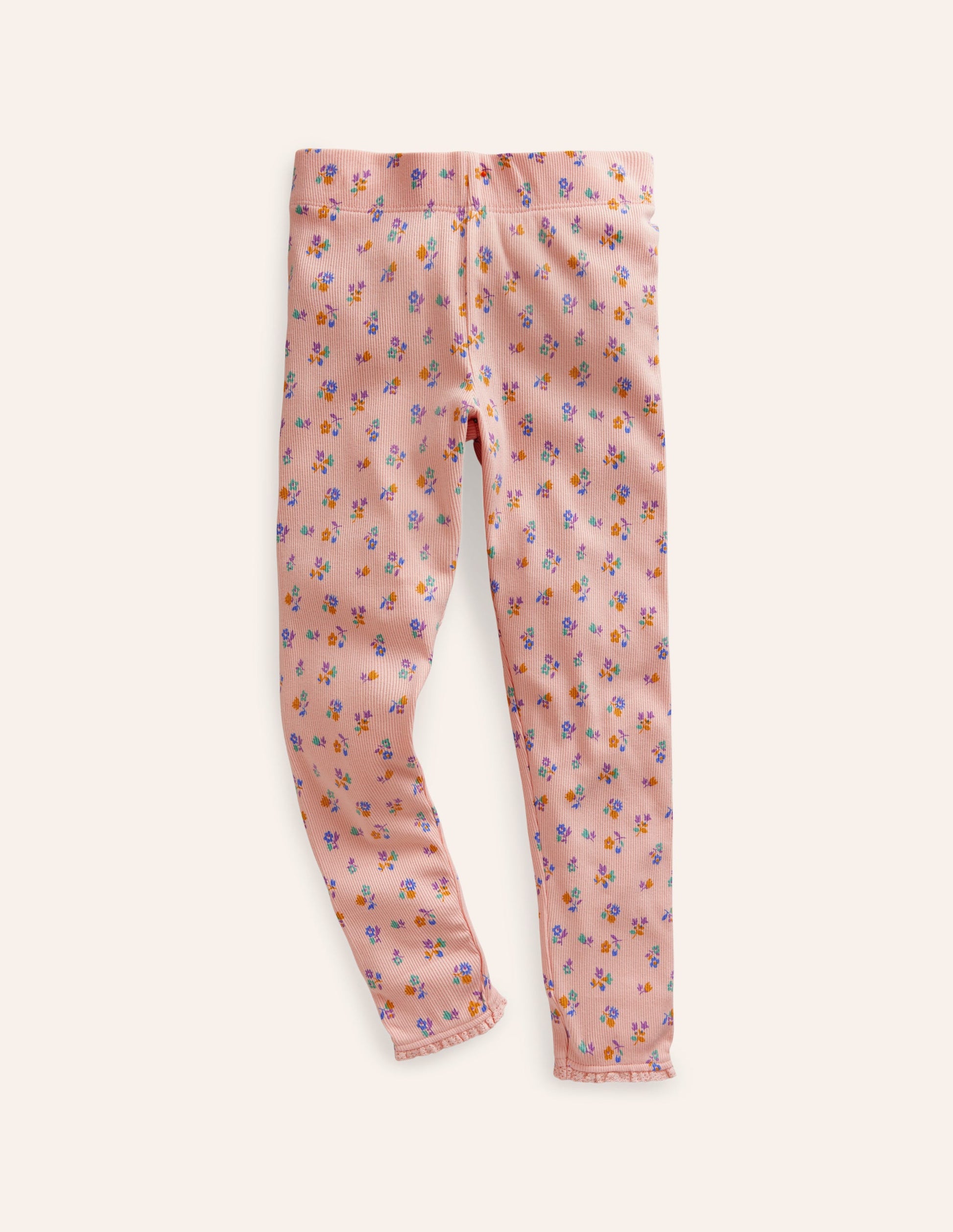 Legging côtelé bordé de dentelle-Motif floral rose Provence poudré-1