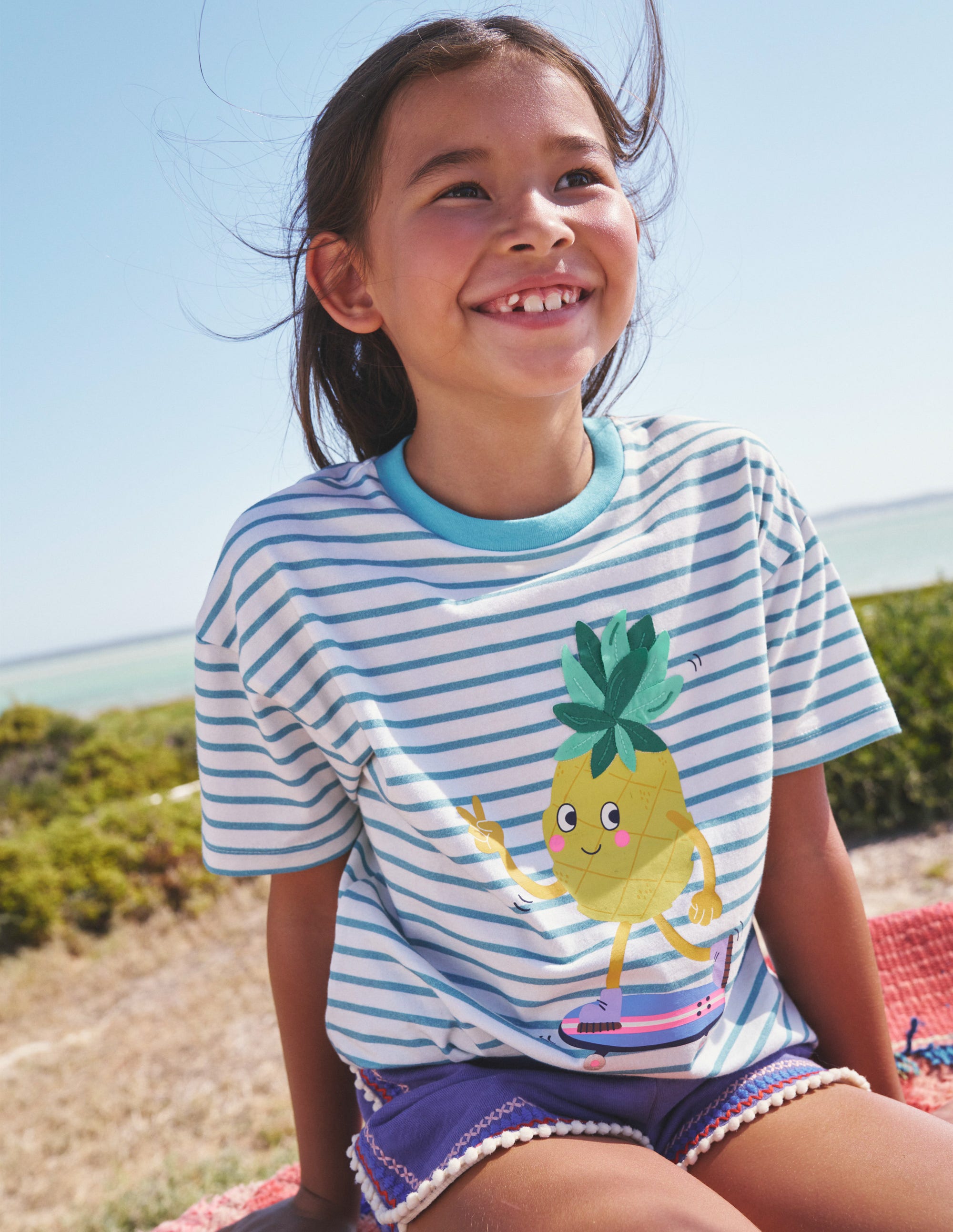 Lockeres T-Shirt aus Bouclé-Naturweiß/ Aqua Meer Ananas - Image 4
