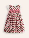 Gesmoktes Kleid mit Spitzenbesatz-Vintage Erdbeere Stempel