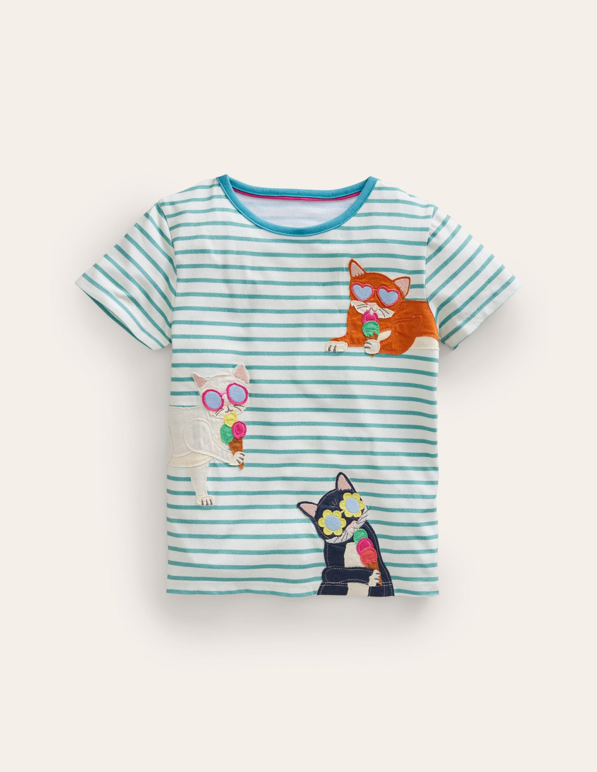 Kurzärmeliges T-Shirt mit Applikation-Naturweiß/ Blau Eis Katzen-1