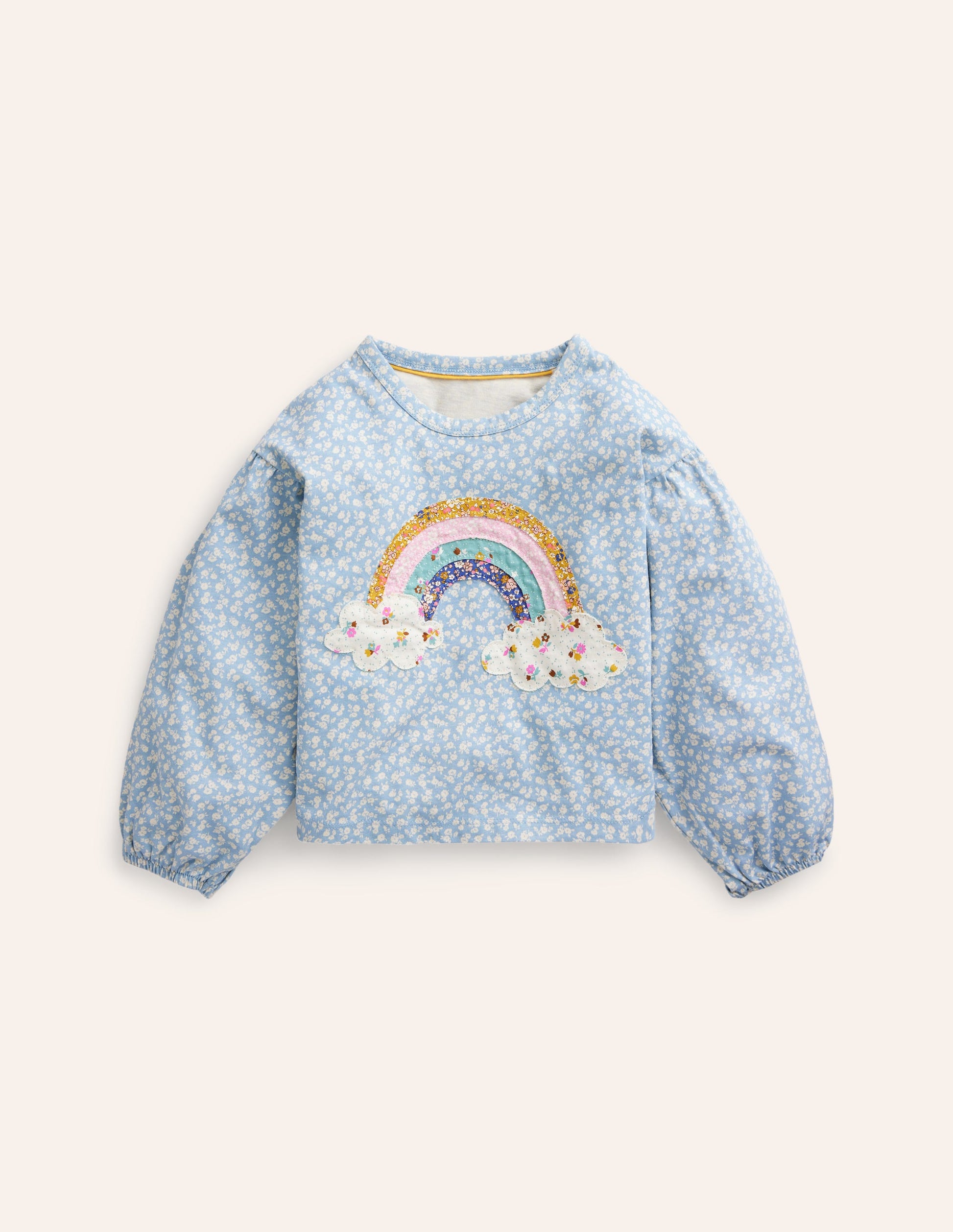 Logo-Oberteil mit Blousonärmeln-Vintage-Blau Ditsy Regenbogen-1