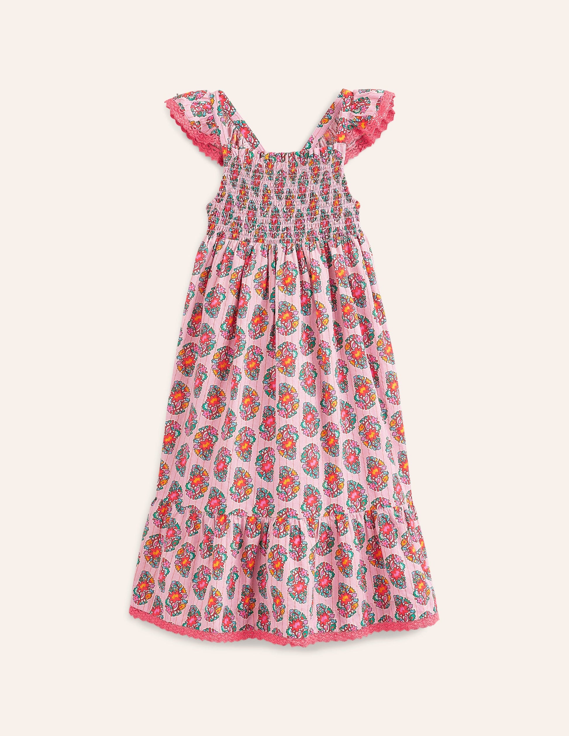 Robe d'été volantée à bretelles-Motif cachemire rose amande sucrée-3