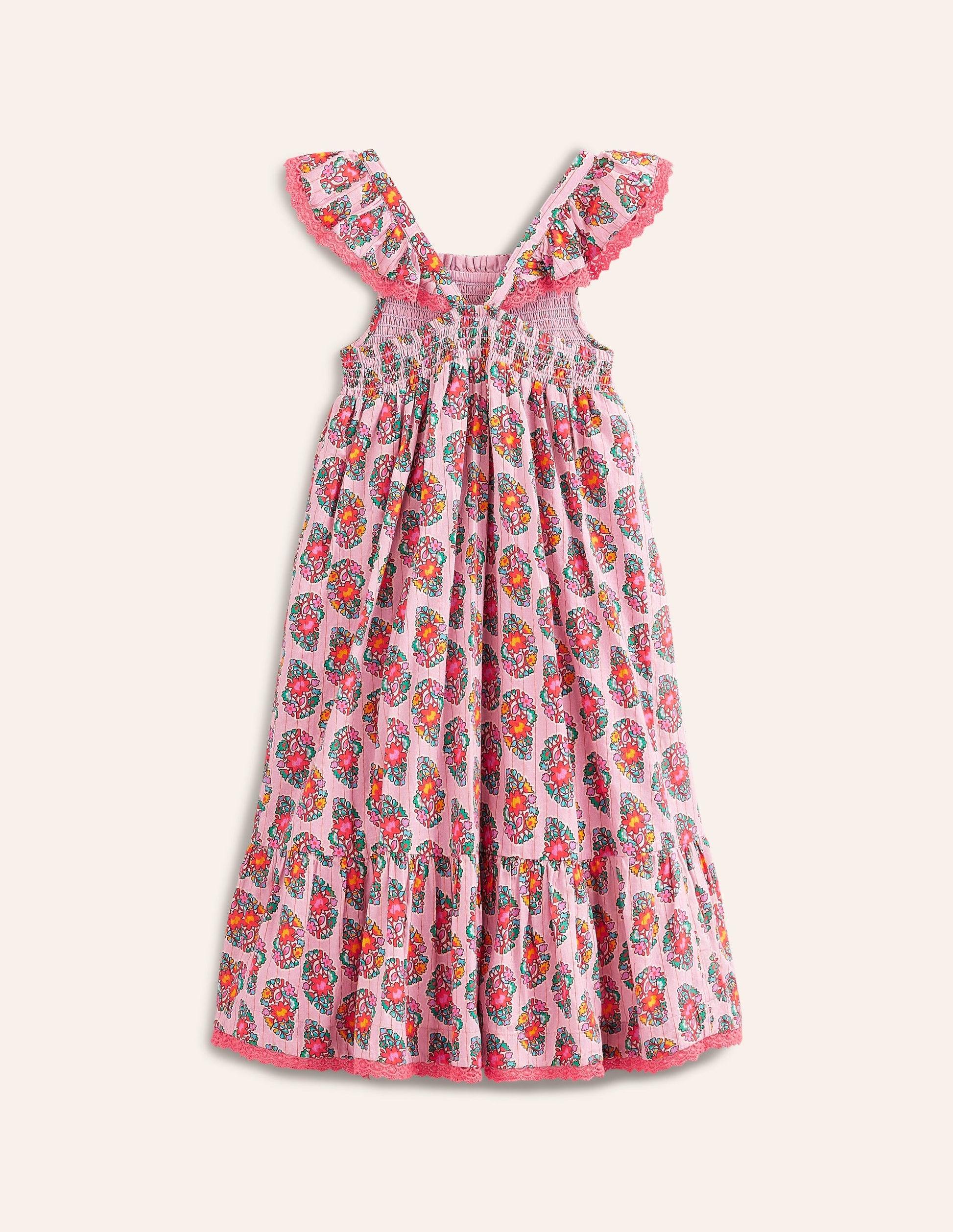 Robe d'été volantée à bretelles-Motif cachemire rose amande sucrée-4