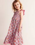 Robe d'été volantée à bretelles-Motif cachemire rose amande sucrée