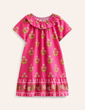 Gewebtes Kleid mit Rüschenausschnitt-Pink Kleiner Holzblock