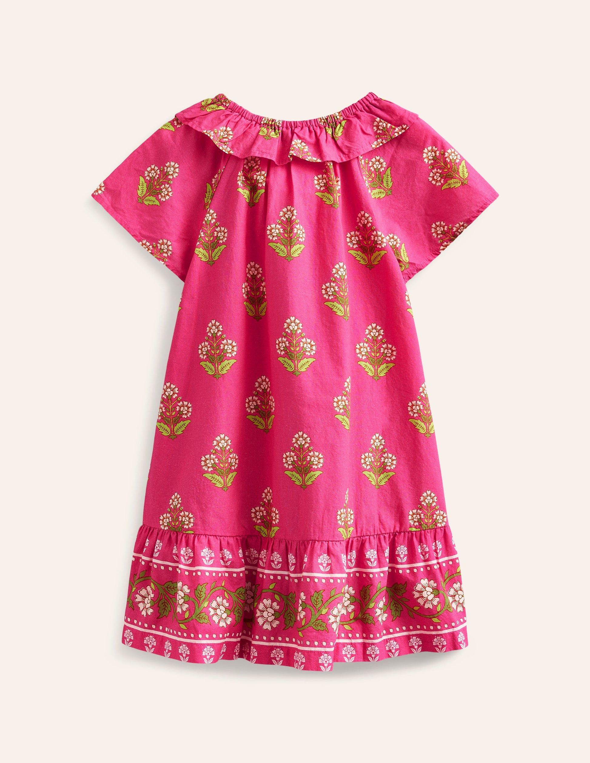 Gewebtes Kleid mit Rüschenausschnitt-Pink Kleiner Holzblock-2