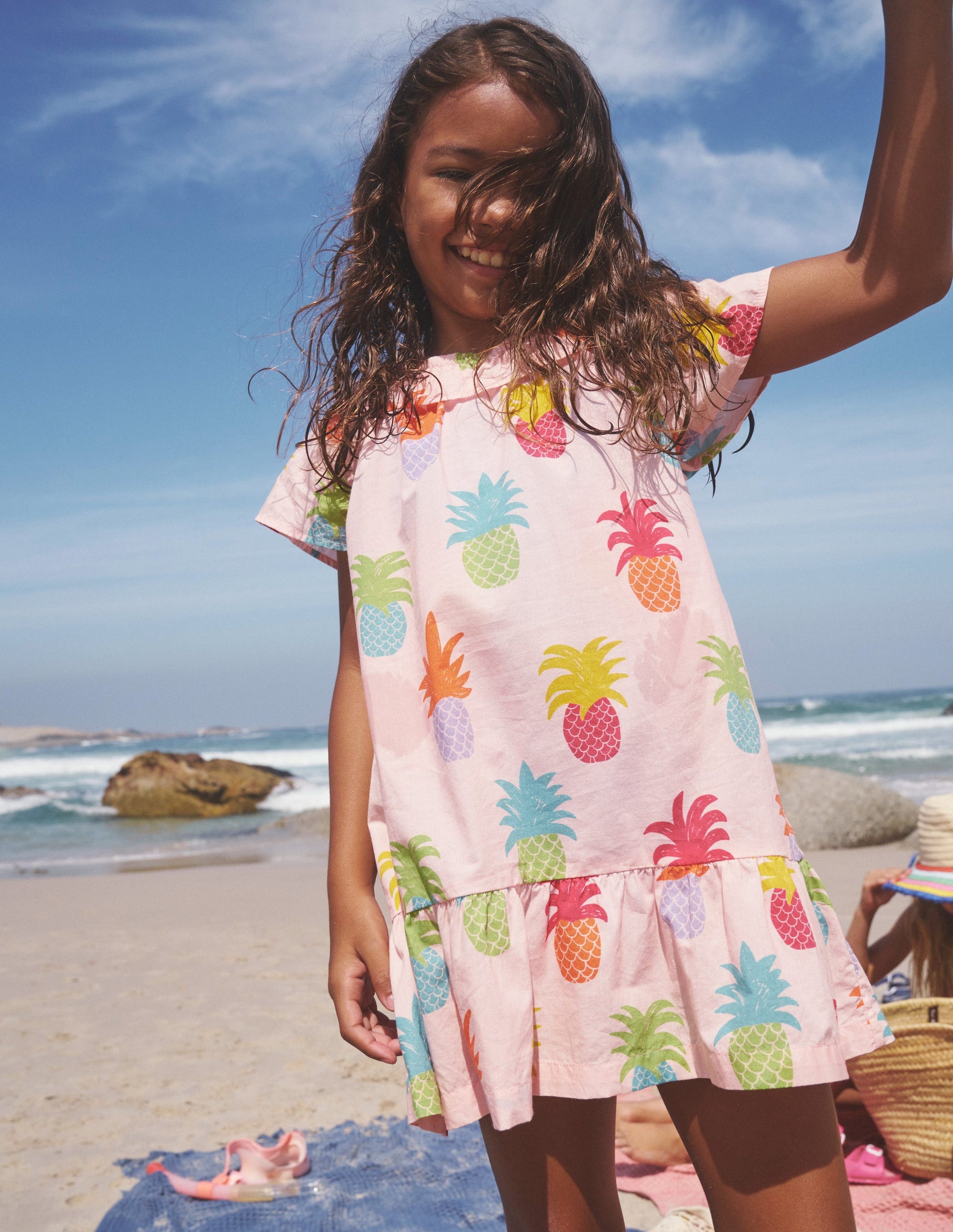 Gewebtes Kleid mit Rüschenausschnitt-Blütenrosa Ananas-4