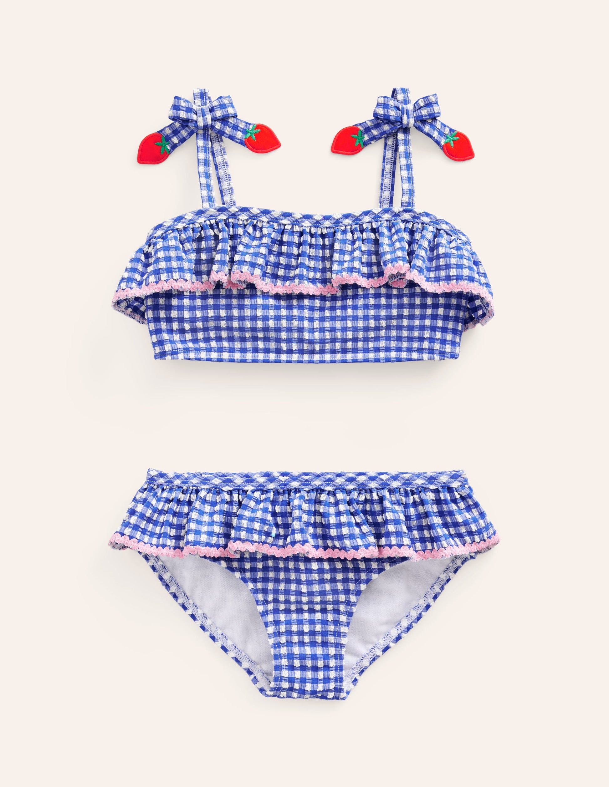 Bikini volanté en seersucker-Fraises vichy bleu-1