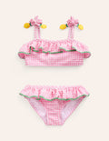 Bikini aus Seersucker mit Rüschen-Rosa Kariert Zitronen