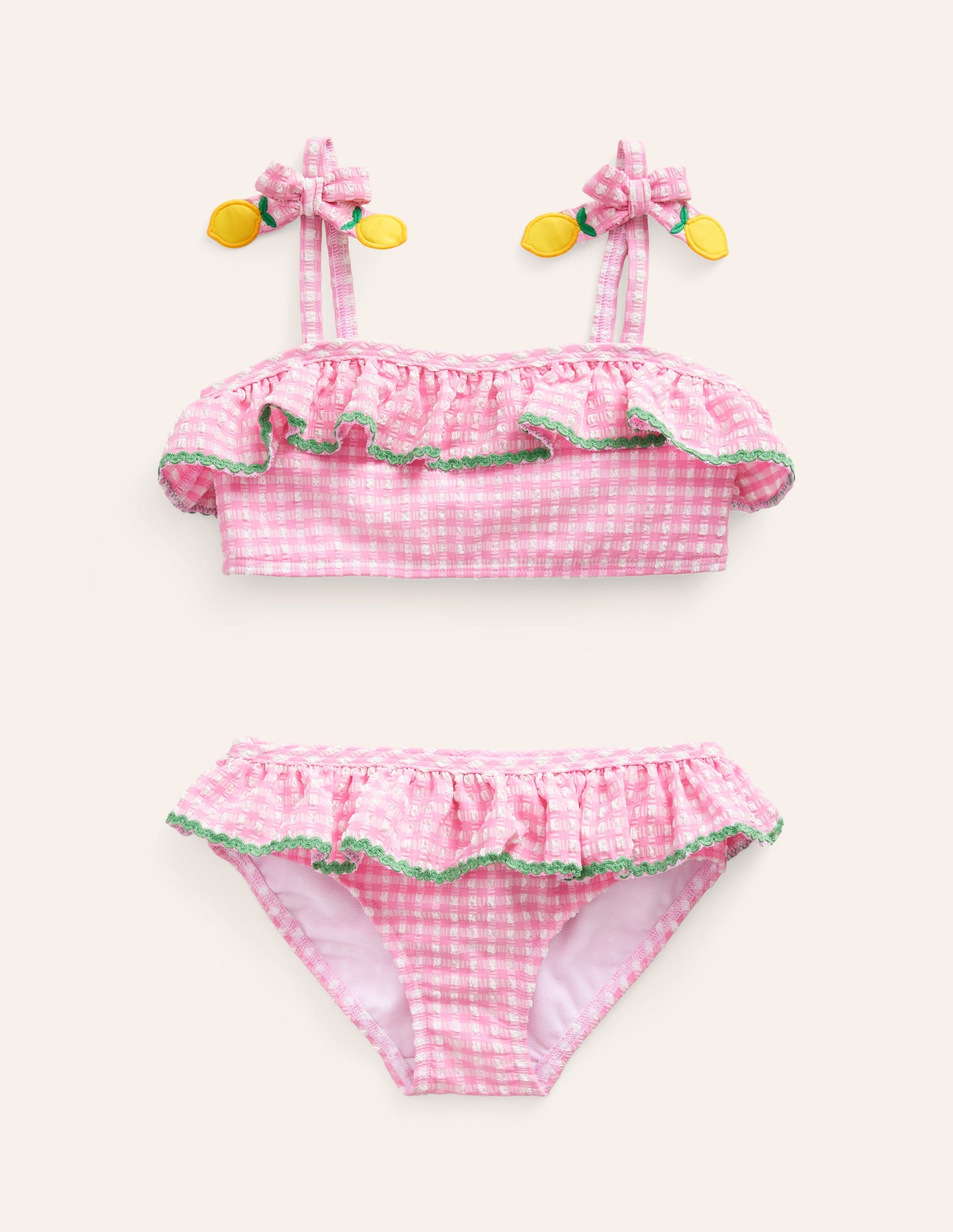 Bikini aus Seersucker mit Rüschen-Rosa Kariert Zitronen-1