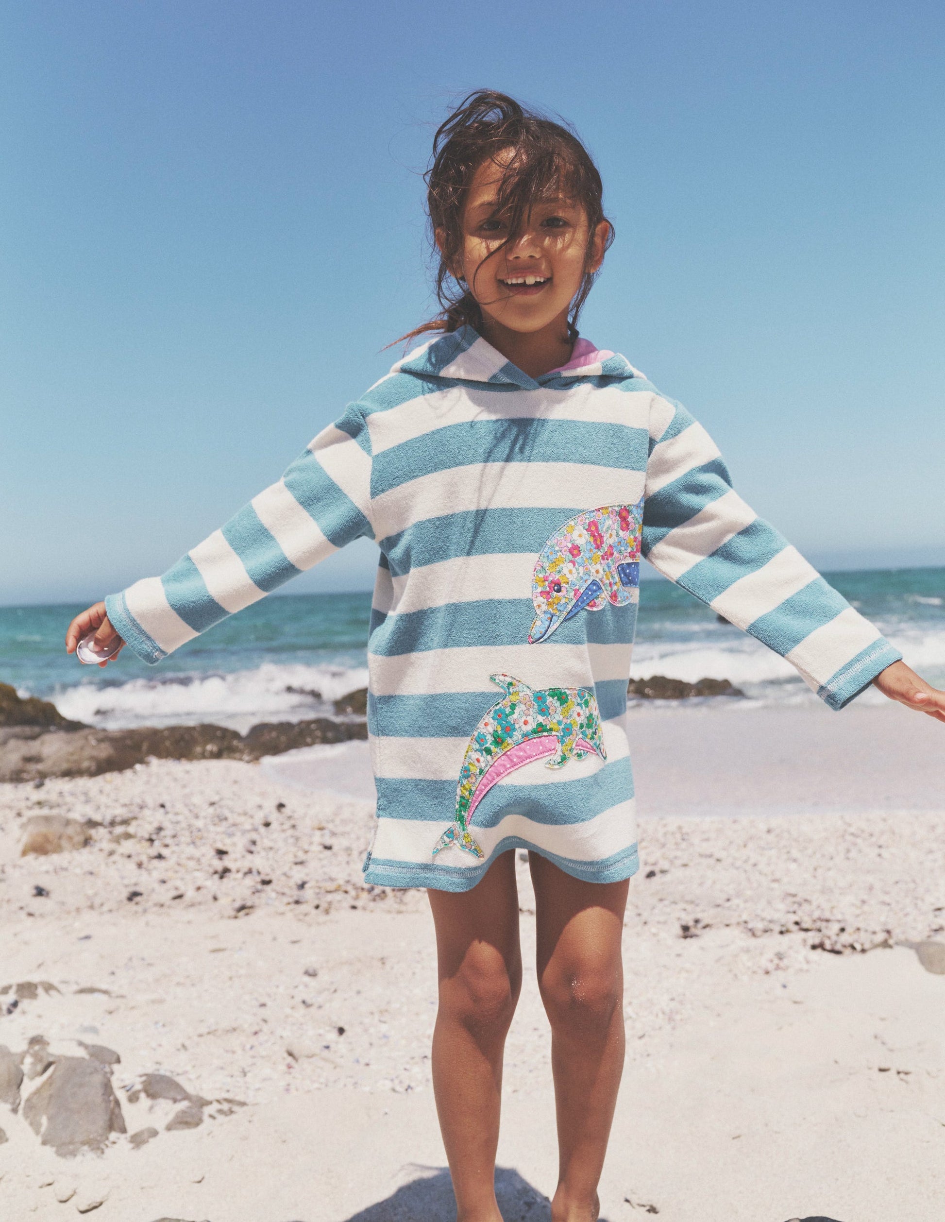 Frottee-Badeponcho mit Applikation-Meeresblau/ Naturweiß Delfin-4