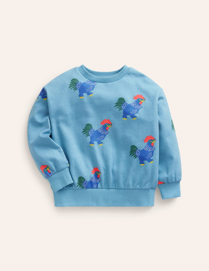 Printed Relaxed Sweatshirt-Pavillion Blue Cockerels