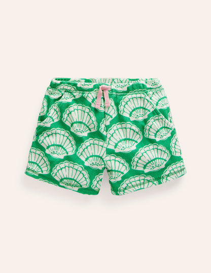 Printed Towelling Shorts-Pea Green Seashells