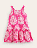 Robe taille basse à bretelles-Motif xylographique rose