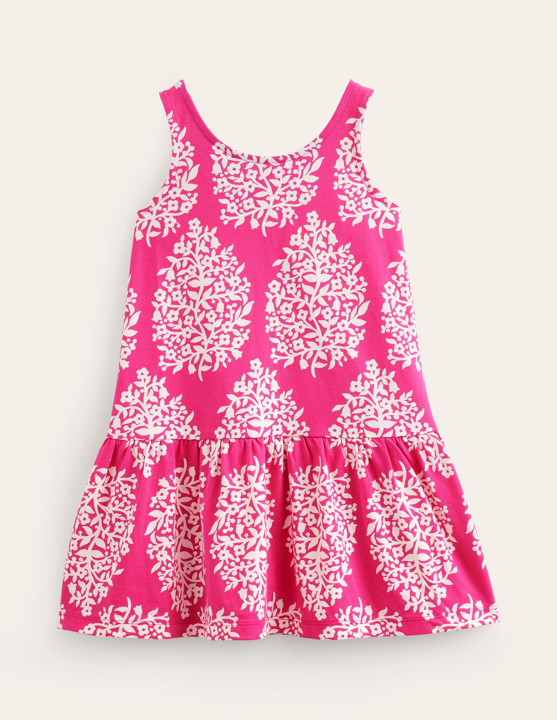 Robe taille basse à bretelles-Motif xylographique rose-1