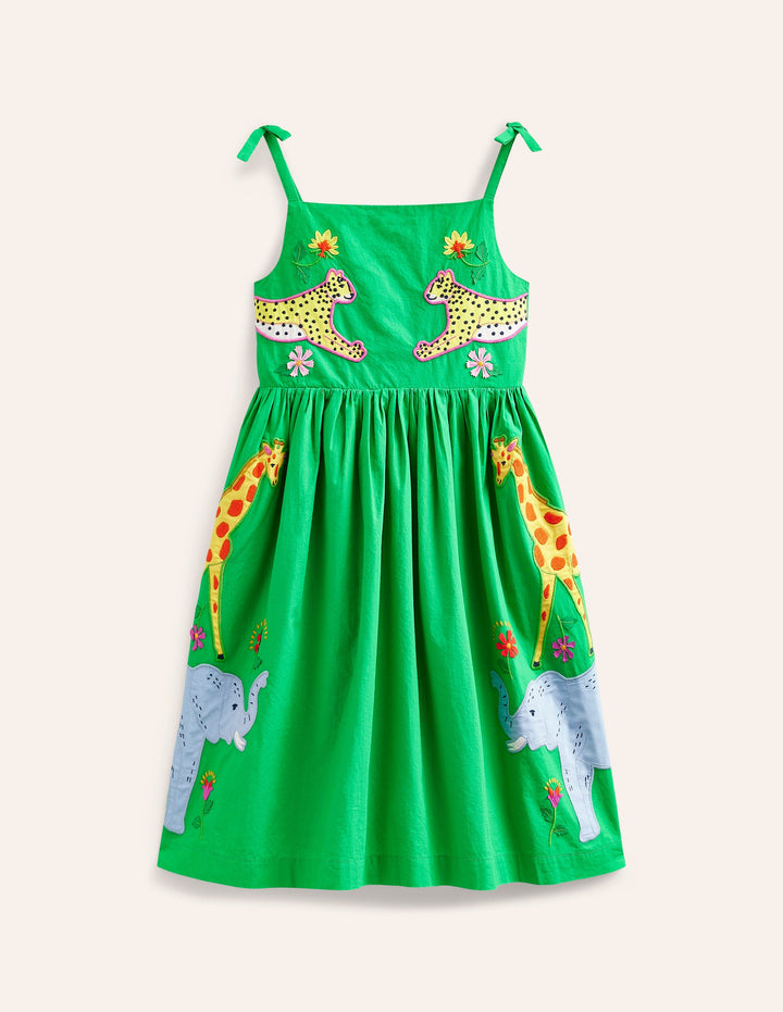 Appliqué Cotton Dress-Sapling Green Safari Animals