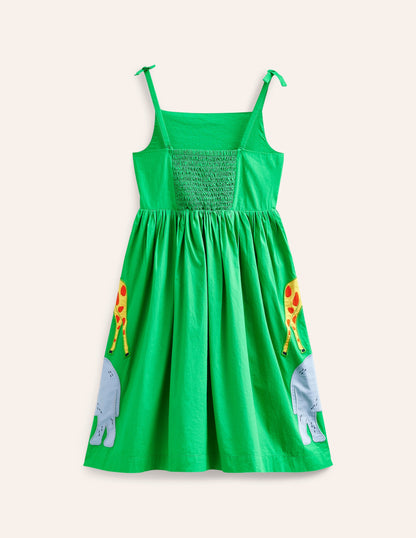 Appliqué Cotton Dress-Sapling Green Safari Animals-4