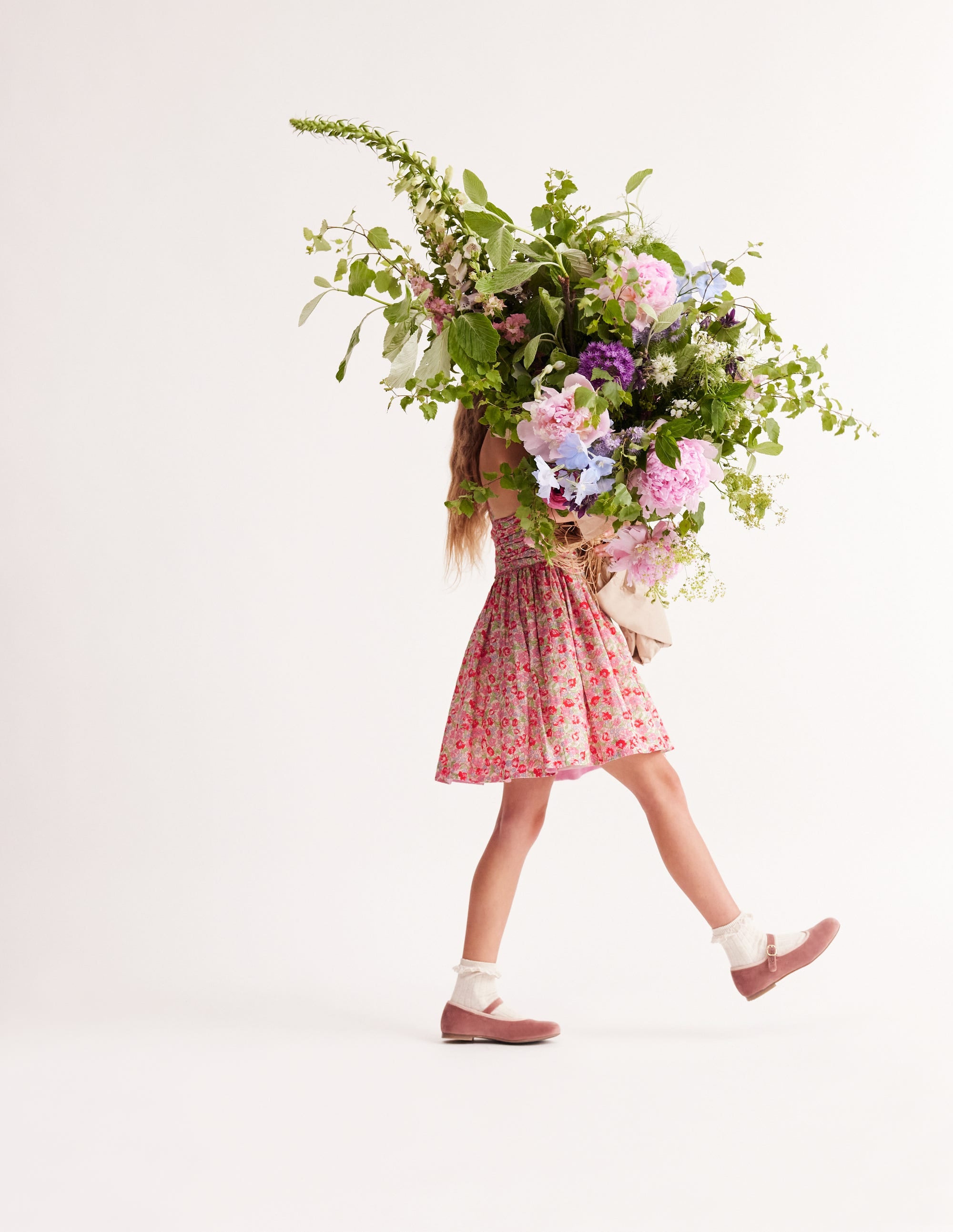 Robe froncée en coton et lin-Motif floral pivoine chewing-gum - Image 2