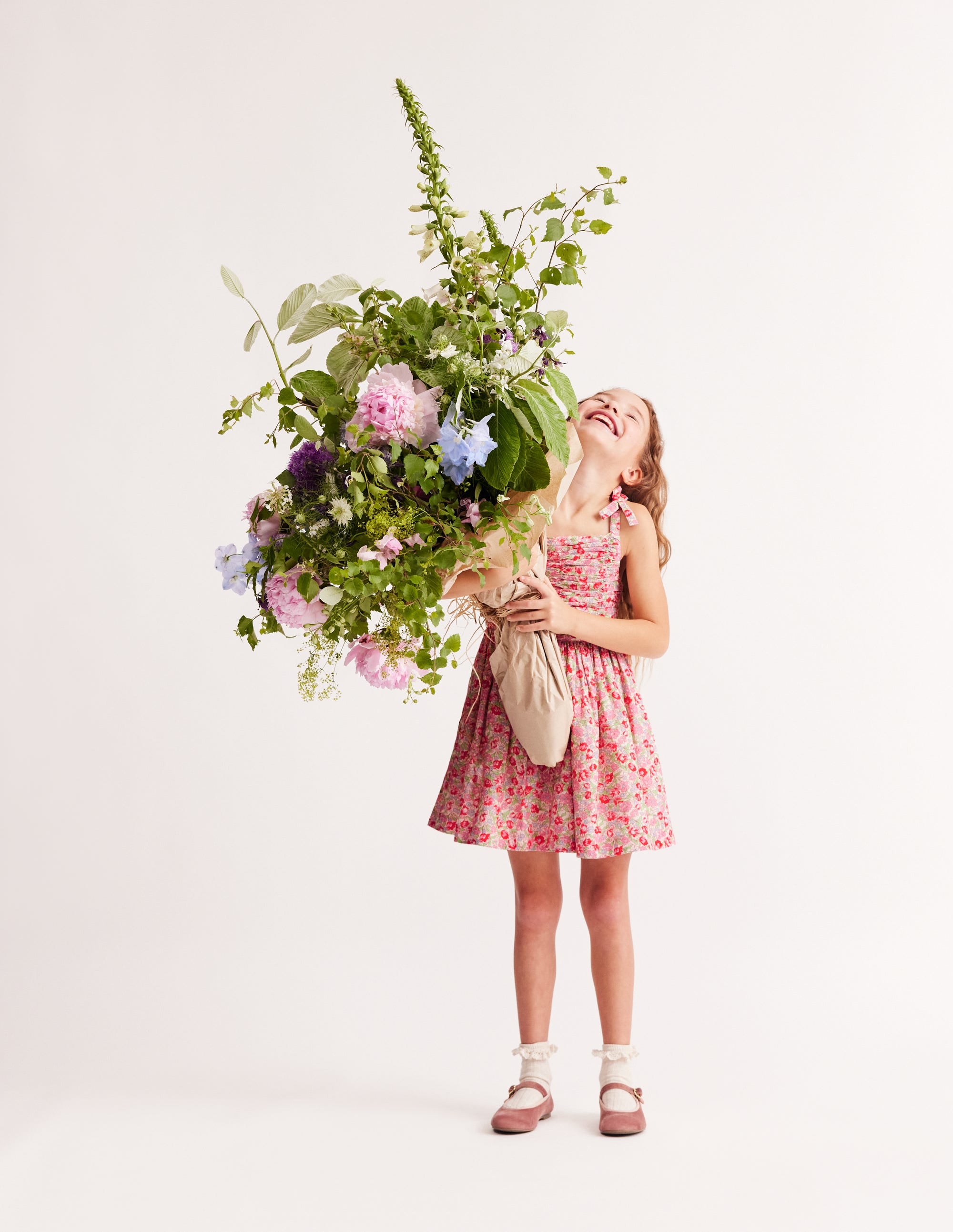 Robe froncée en coton et lin-Motif floral pivoine chewing-gum - Image 3