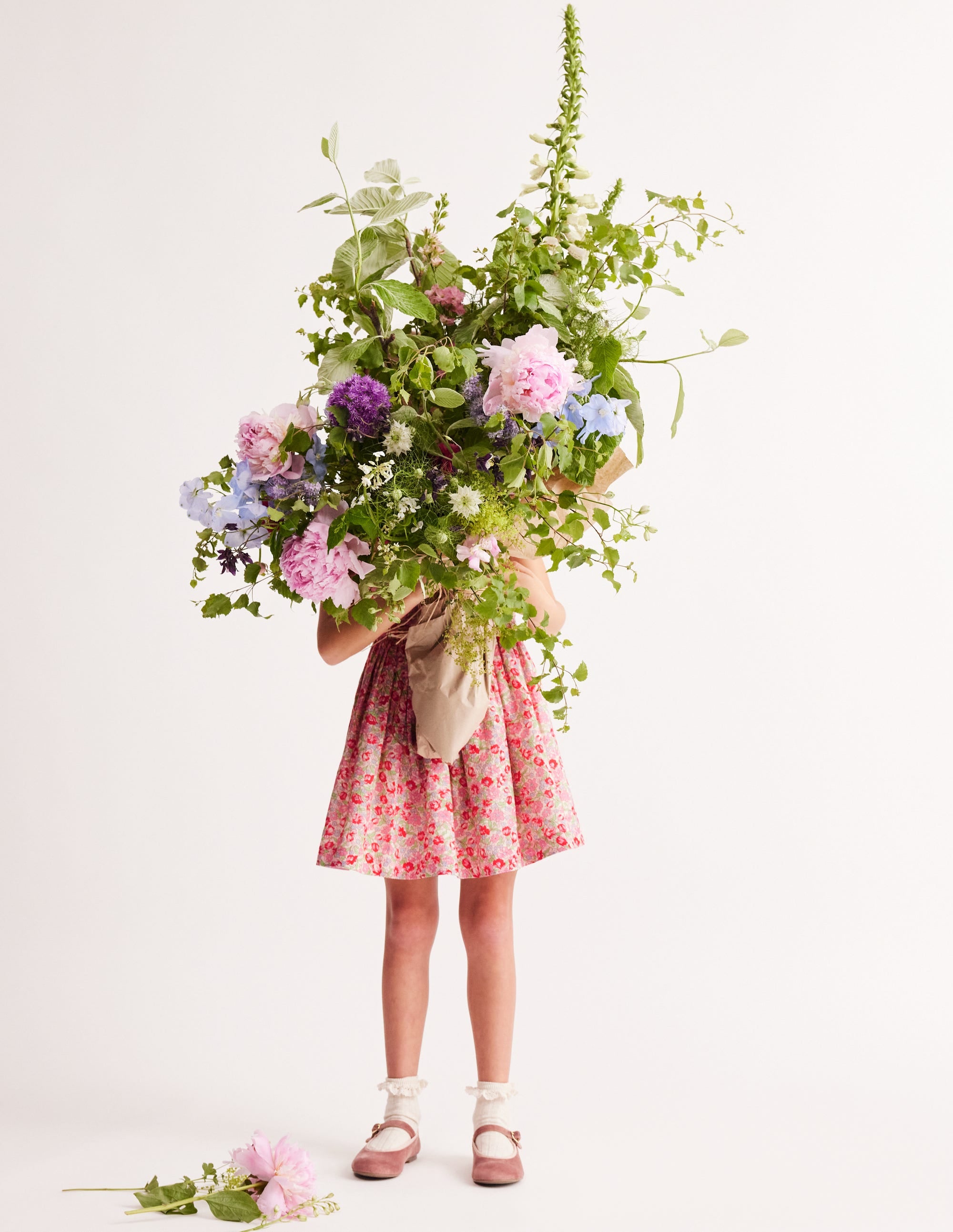 Robe froncée en coton et lin-Motif floral pivoine chewing-gum - Image 4