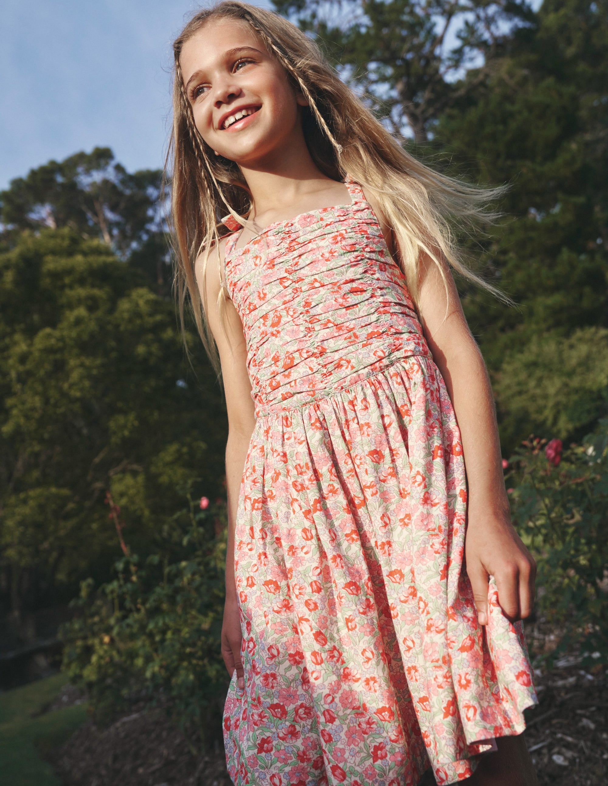Robe froncée en coton et lin-Motif floral pivoine chewing-gum - Image 8