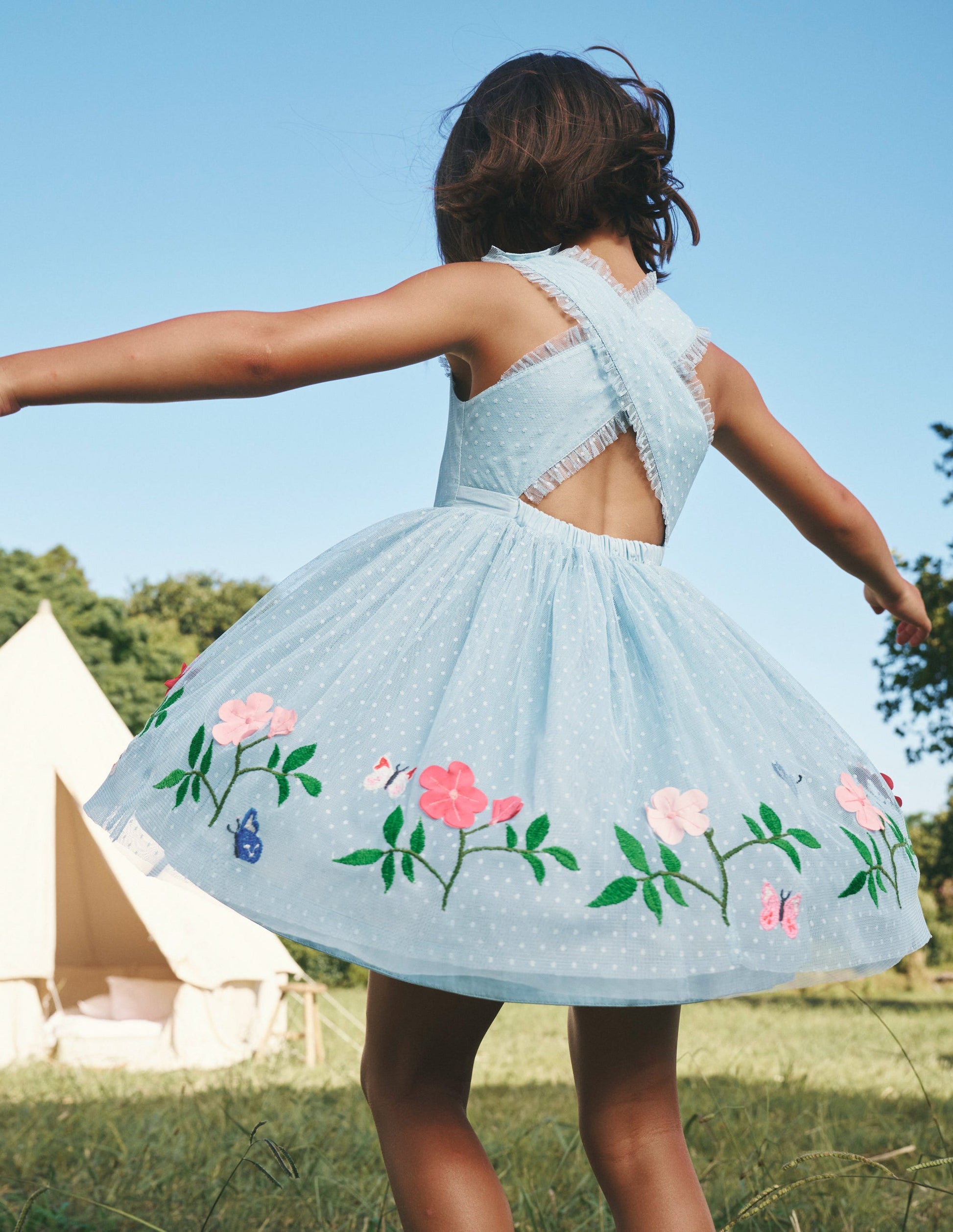 Robe croisée dans le dos en tulle-Fleurs bleu vintage-4