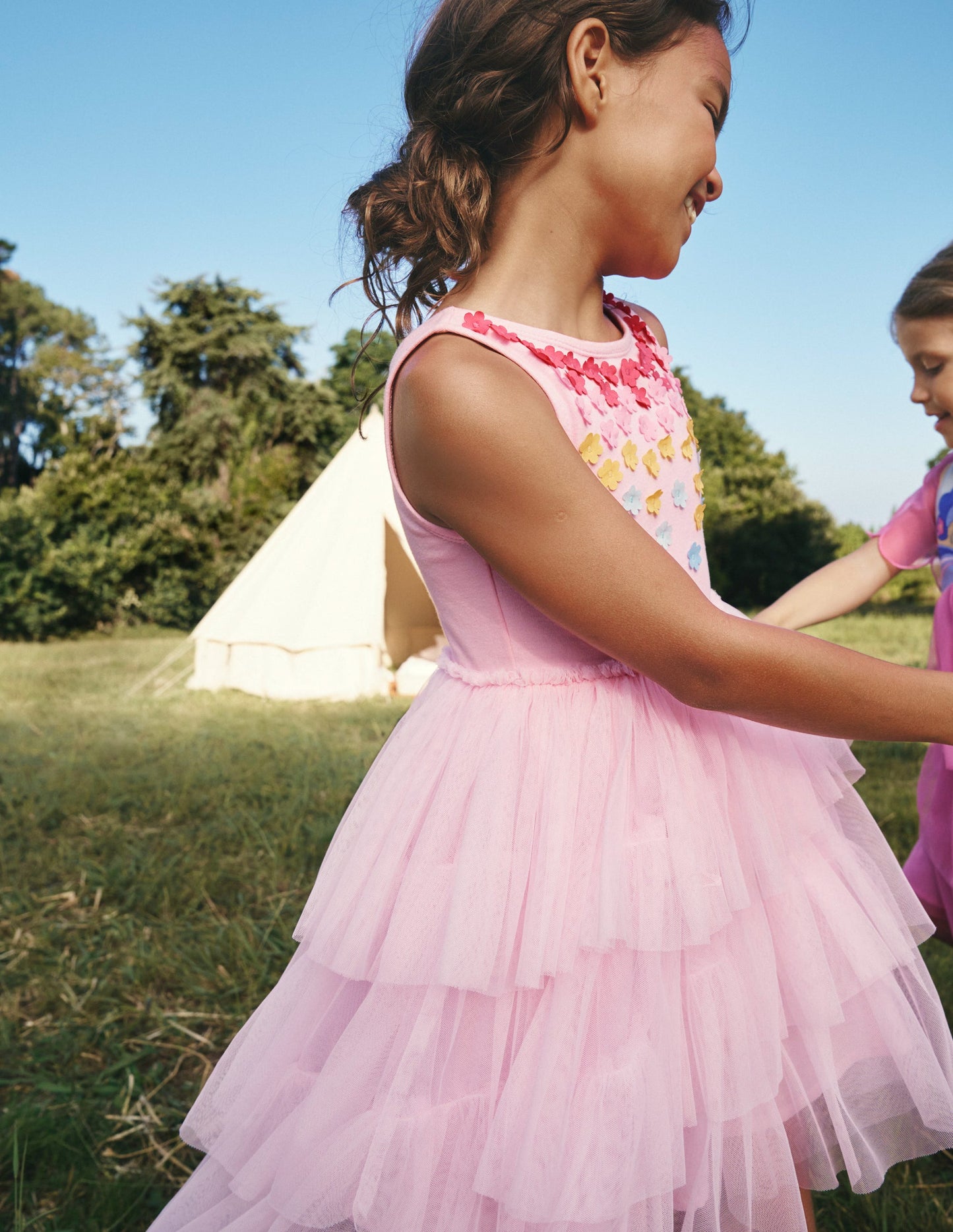 Robe aérienne en jersey et tulle-Rose pois de senteur